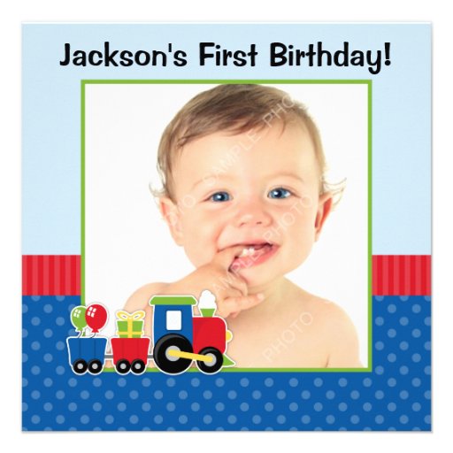 Train Polka Dot 1st Birthday Boy Photo Invite