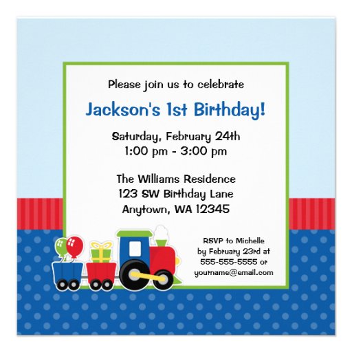Train Polka Dot 1st Birthday Boy Photo Invite