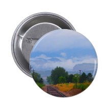 Train Tracks into the Rocky Mountain Low Clouds Button