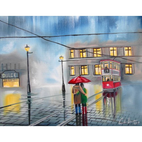 Tram oil painting rainy day print