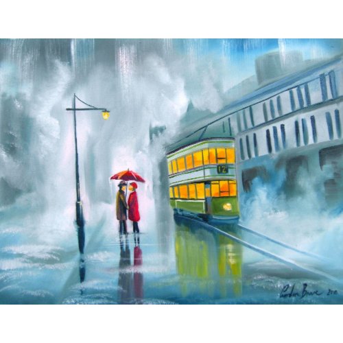 Tram oil painting rainy day umbrella print