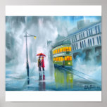 Tram oil painting rainy day umbrella posters