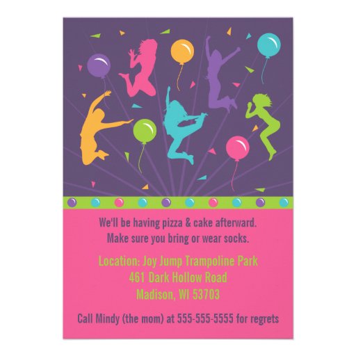 Trampoline Birthday Party Invitations for Girls