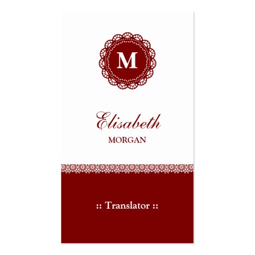 Translator - Elegant Red Lace Monogram Business Card Templates (front side)