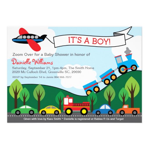 Transportation BOY Baby Shower Invitations (front side)