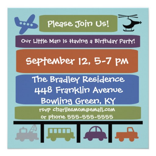Transportation Vehicles Custom Birthday Invite