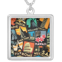 Travel posters retro vintage europe asia usa necklaces