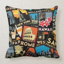 Travel posters retro vintage europe asia usa throw pillows