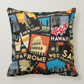 Travel posters retro vintage europe asia usa throw pillows