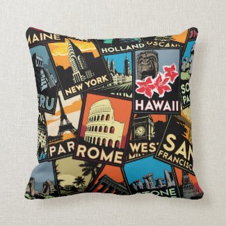 Travel posters retro vintage europe asia usa throw pillows