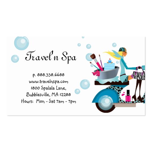 Traveling Spa Business Card Scooter Girl Bubbles W (back side)