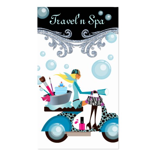 Traveling Spa Business Card Scooter Girl Bubbles W (front side)