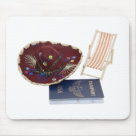 standard_mousepad - Sombrero of many bright colors with a beach chair and a passport showing travel vacations -