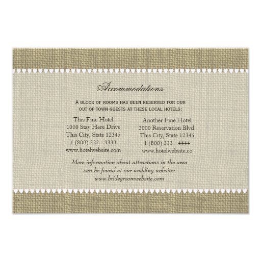 Treasured Hearts Burlap Look Directions Insert Personalized Announcements
