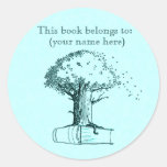 Tree and a book, light blue round stickers