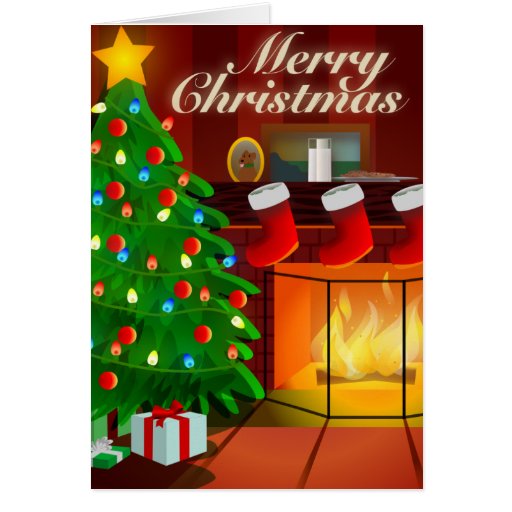 Tree and Fireplace Christmas Card Zazzle