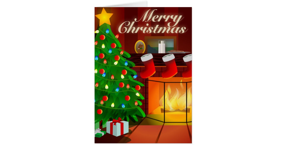 Tree and Fireplace Christmas Card Zazzle
