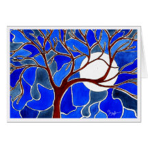 Tree and Moon on Canvas - Blue Greeting Cards