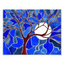 Tree and Moon on Canvas - Blue Photographic Print