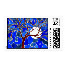 Tree and Moon on Canvas - Blue Postage Stamps