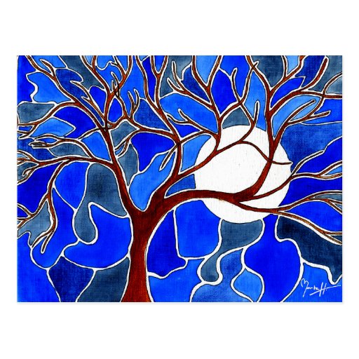 Tree and Moon on Canvas - Blue Postcards