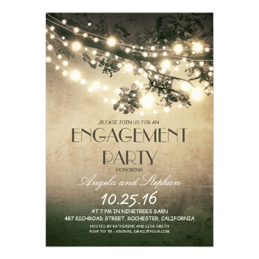 tree branches & string lights engagement party custom invitation (front side)