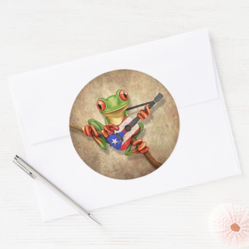 Tree Frog Playing Puerto Rico Flag Guitar Classic Round Sticker Zazzle