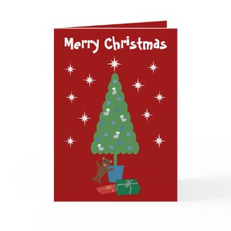 Tree, Gifts, Teddy Bear & Stars Christmas Card card