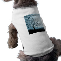 Tree Leaves Grass Silhouette & Sunburst - Blue Pet Tee Shirt