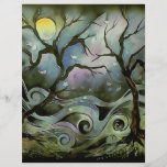 tree night scene full moon silk art painting flyer design