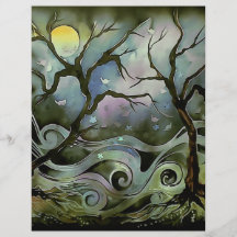 tree night scene full moon silk art painting flyer design