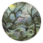 tree night scene full moon silk art painting sticker