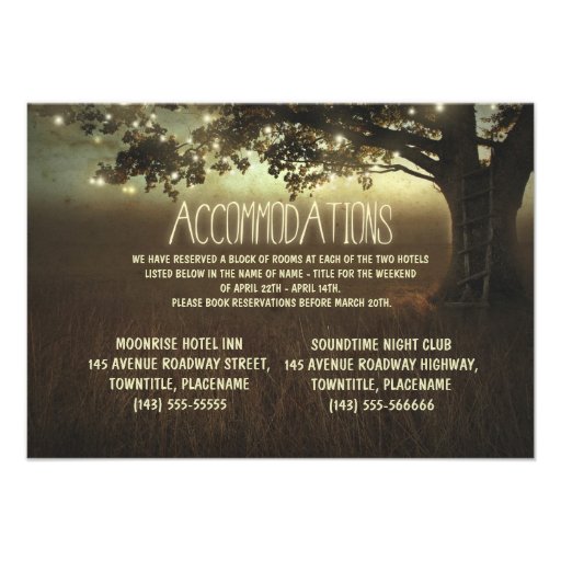 tree of lights rustic wedding accommodations personalized invite