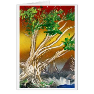 Tree Painting Red Orange with Mountains card