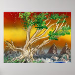 Tree Painting Red Orange with Mountains posters