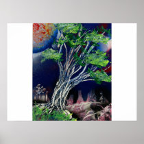 Tree Painting with blue city and orange sun Posters