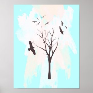 Tree Silhouette With Birds - Poster Print print