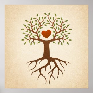 growing blossoming love - Tree with heart and roots poster print