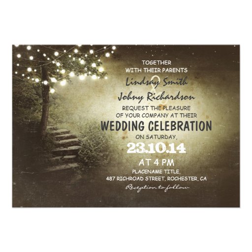 tree with string lights rustic wedding invitations