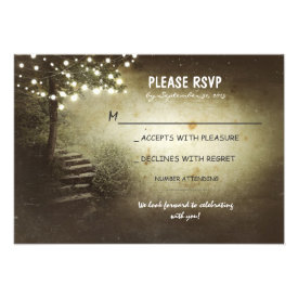 tree with string lights rustic wedding RSVP cards