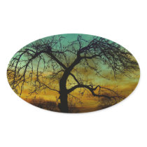 Tree with Sunset Backdrop Scene Oval Stickers