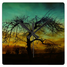 Tree with Sunset Backdrop Scene Square Wall Clock