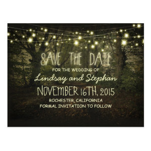 trees path romantic string lights save the date postcard