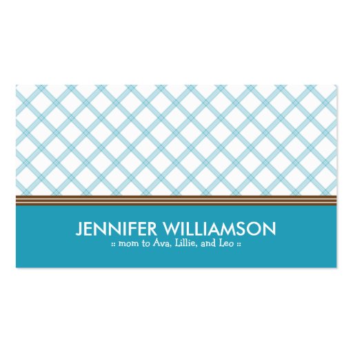 Trendy Aqua Plaid Mommy Calling Card Business Card (front side)