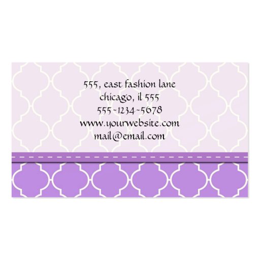 Trendy Artistic Moroccan Trellis Purple White Business Cards (back side)