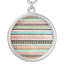 necklace, aztec, trendy, cute, illustration, vintage, funny, abstract, fashion, tribal, modern, pattern, mayan, aqua, clock, Necklace with custom graphic design