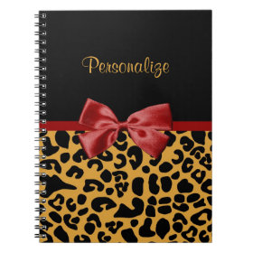 Trendy Black and Gold Leopard Print Red Ribbon Bow Spiral Notebooks