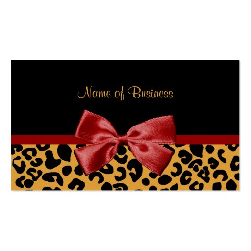 Trendy Black And Gold Leopard Print Red Ribbon Business Card Templates (front side)