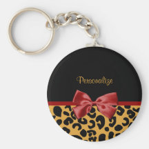 Trendy Black And Gold Leopard Print Red Ribbon Key Chain