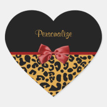 Trendy Black And Gold Leopard Print Red Ribbon Sticker